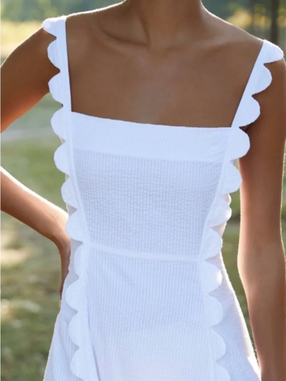 Wiggy Kit White Embroidered Mini Apron Dress Scalloped Trim Cross Stitch Cotton